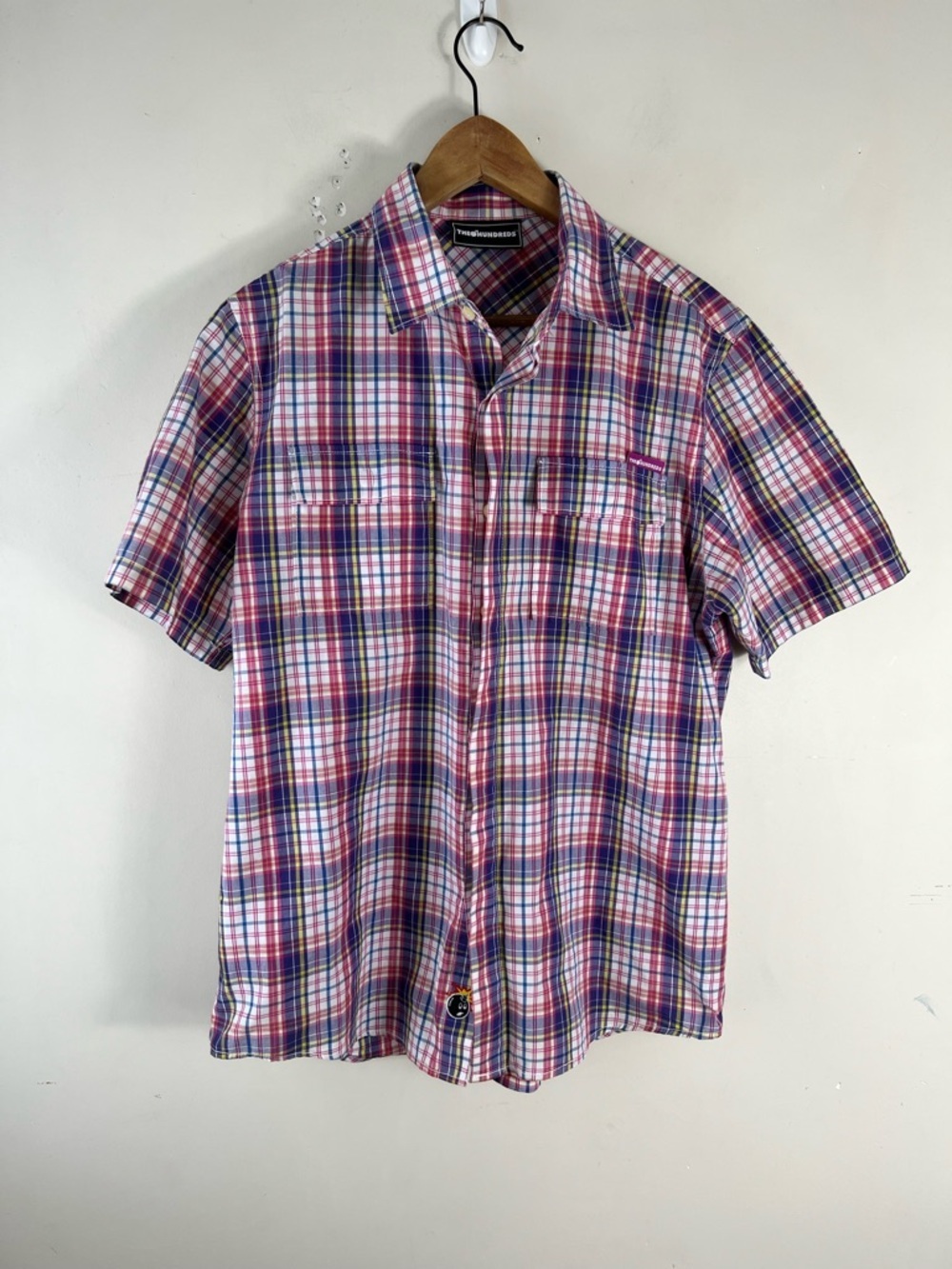 The Hundreds Plaid Shirt Men's Large Pocket Button Up Short Sleeve Red Multi